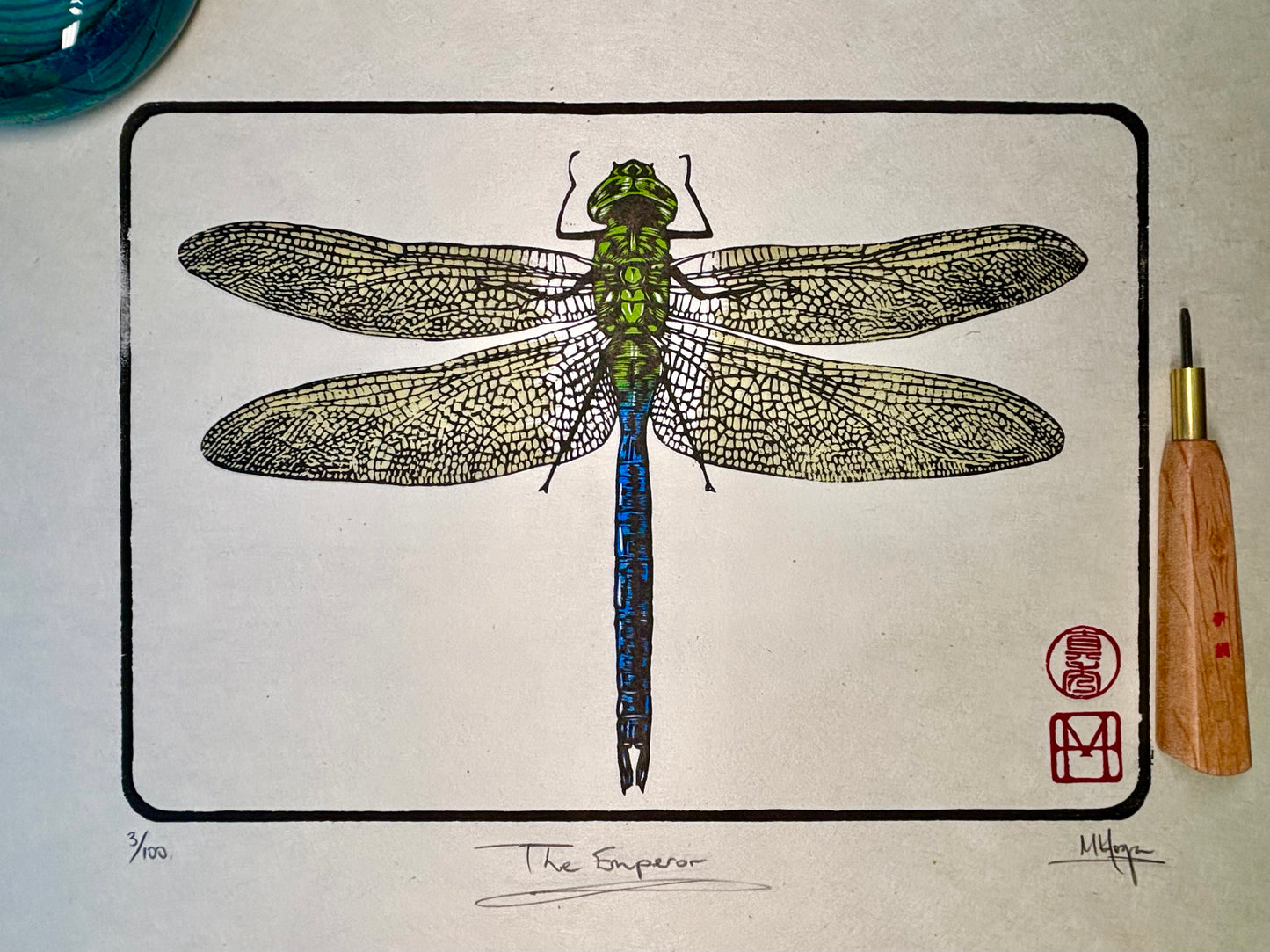 The Emperor - Woodcut print of a dragonfly