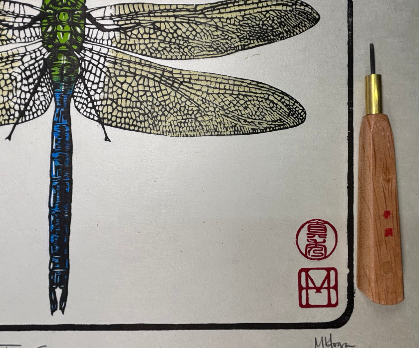 The Emperor - Woodcut print of a dragonfly