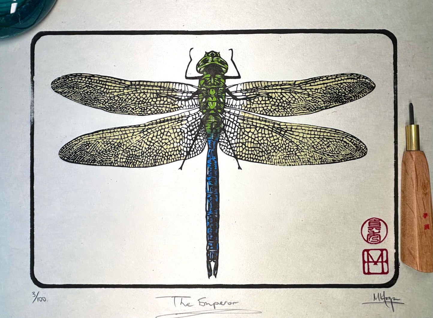 The Emperor - Woodcut print of a dragonfly