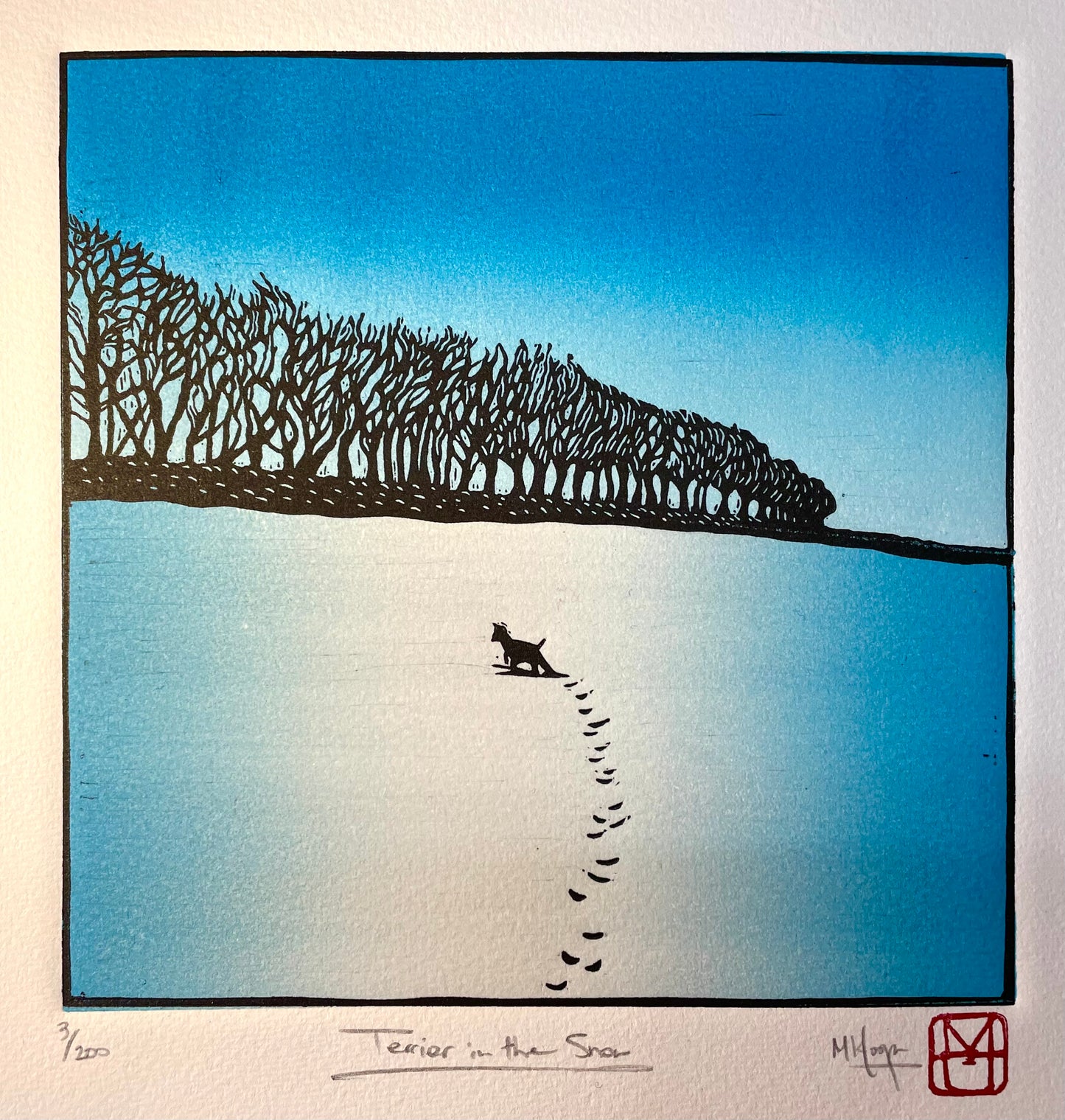 Terrier in the Snow linocut print