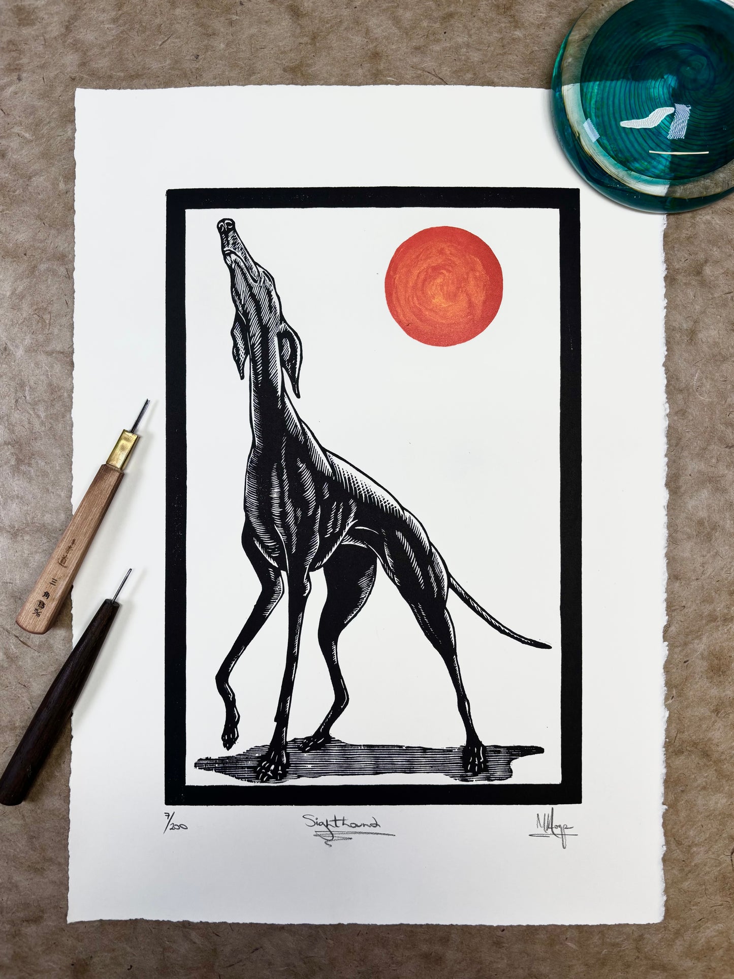 Sighthound Woodcut - limited edition of 200