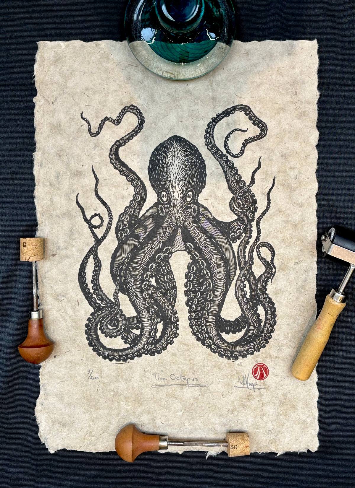 Linotype Octopus The Octopus (small) Linoprint – HuPa Linocuts