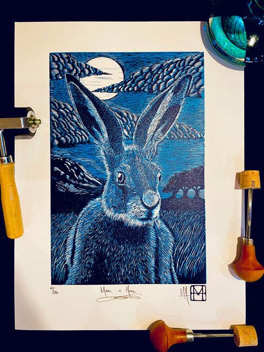 Moon & Hare Linoprint