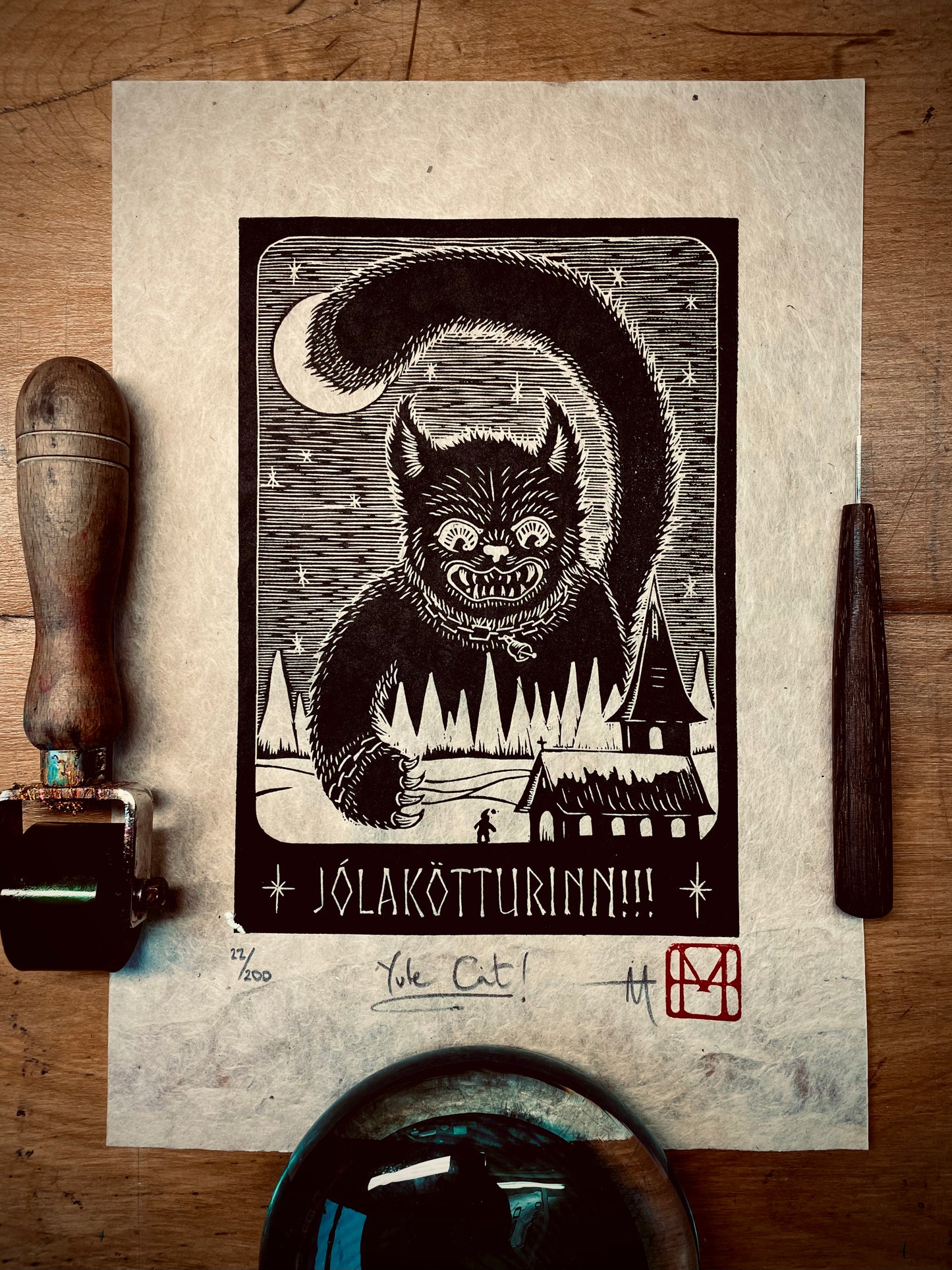 Yule Cat Linocut Print