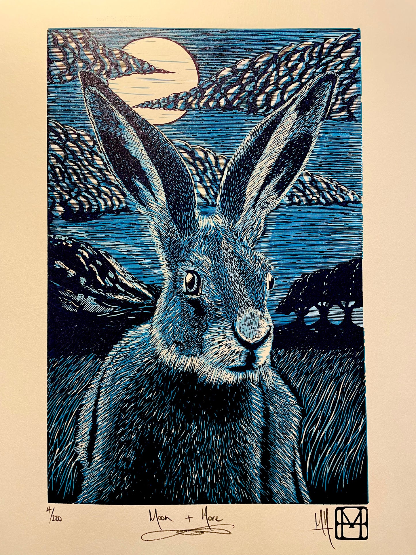 Moon & Hare Linoprint