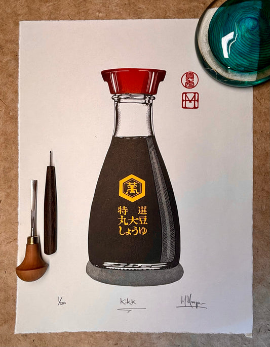 'Kikk' - Kikkoman Soy Sauce Bottle Linocut Print