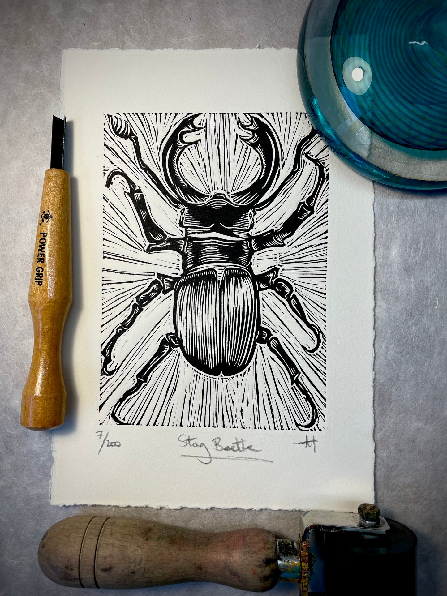 Stag Beetle Linocut Print