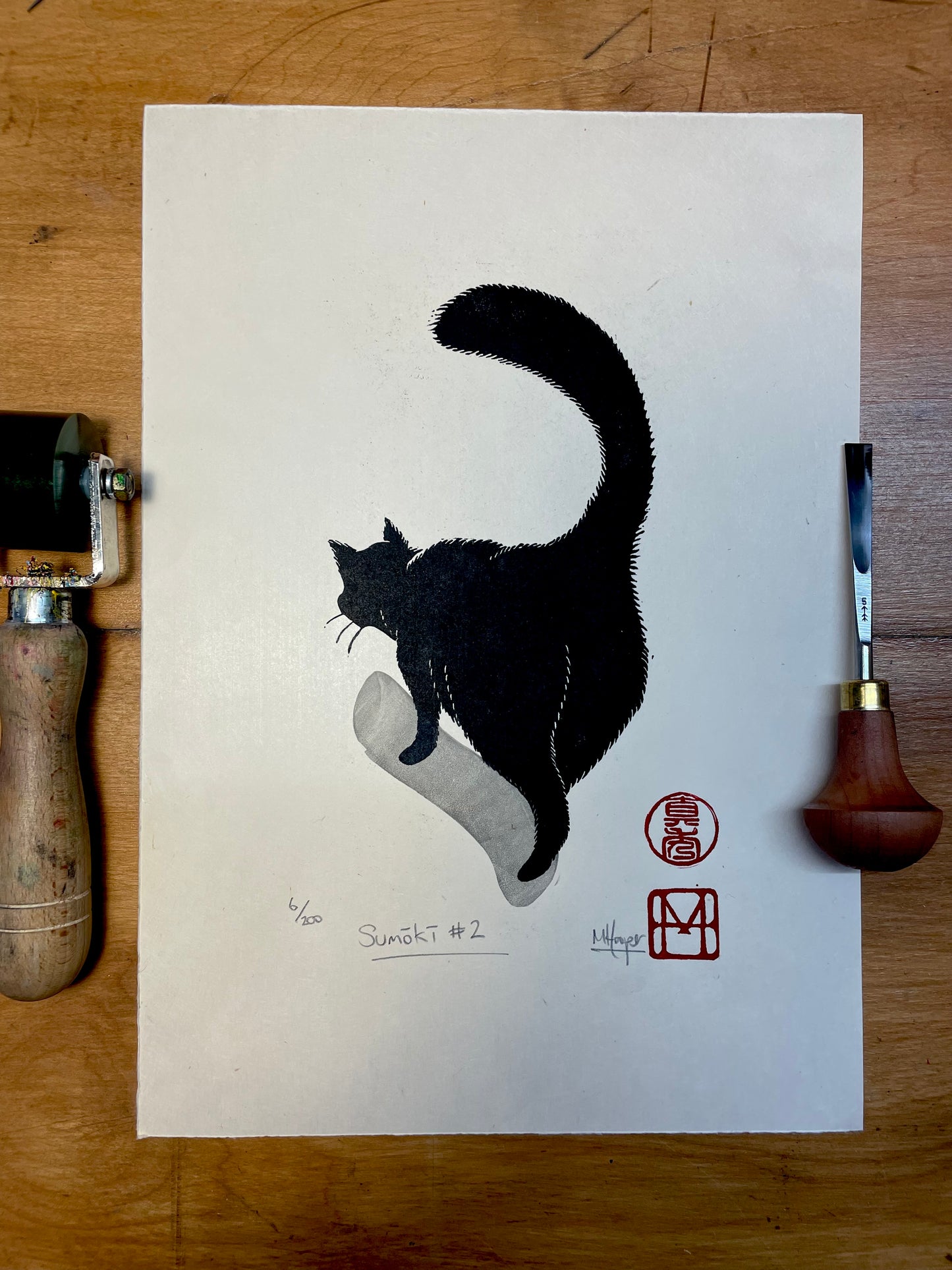 Sumōkī #2 - Japanese inspired cat linocut
