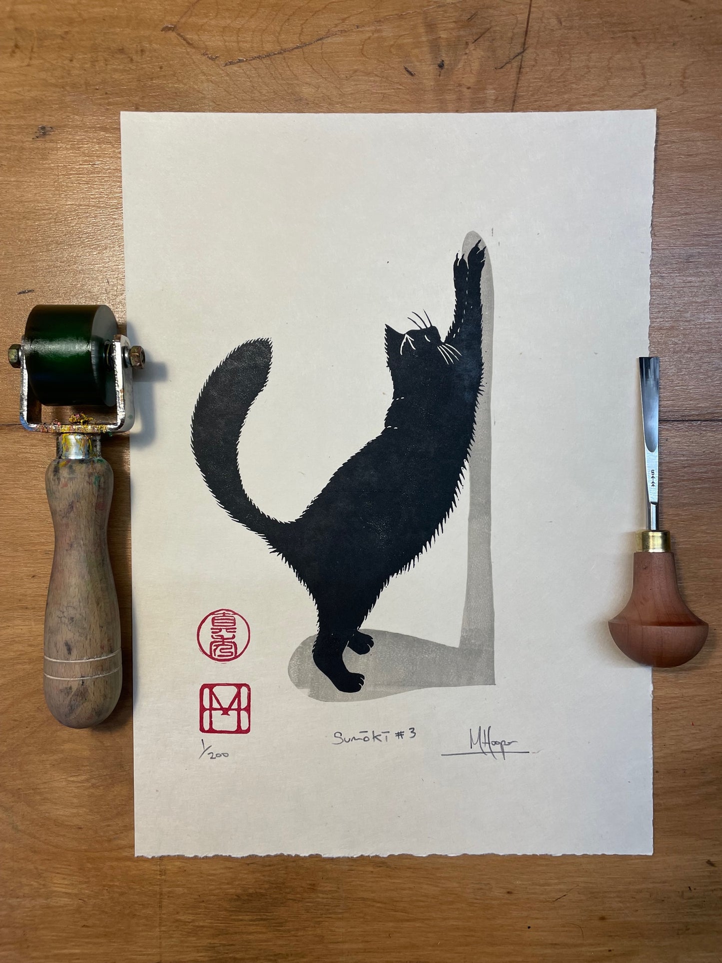 Sumōkī #3 - Japanese inspired cat linocut