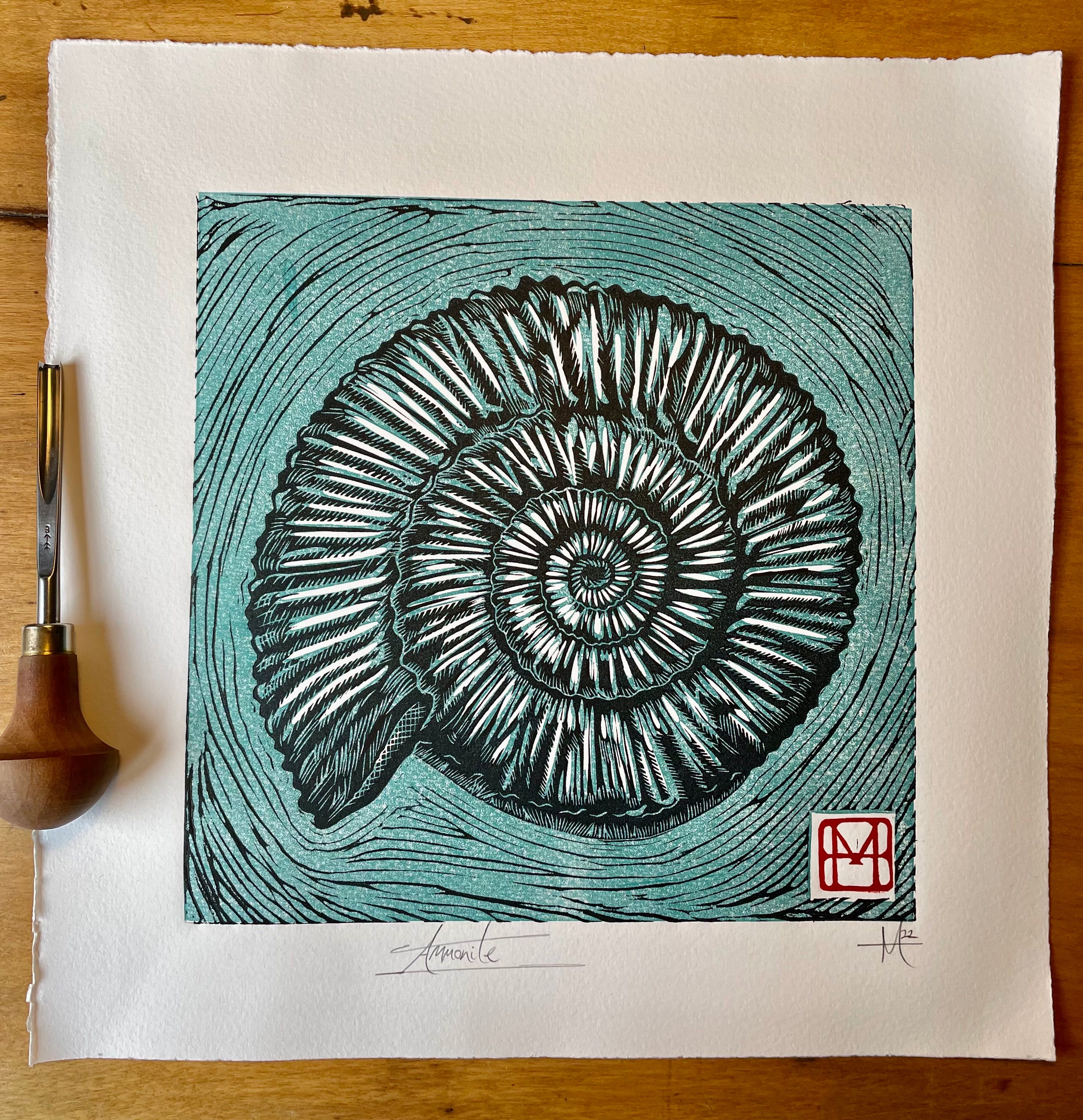 Varied edition, handmade hot Linocut print. Ammonites.