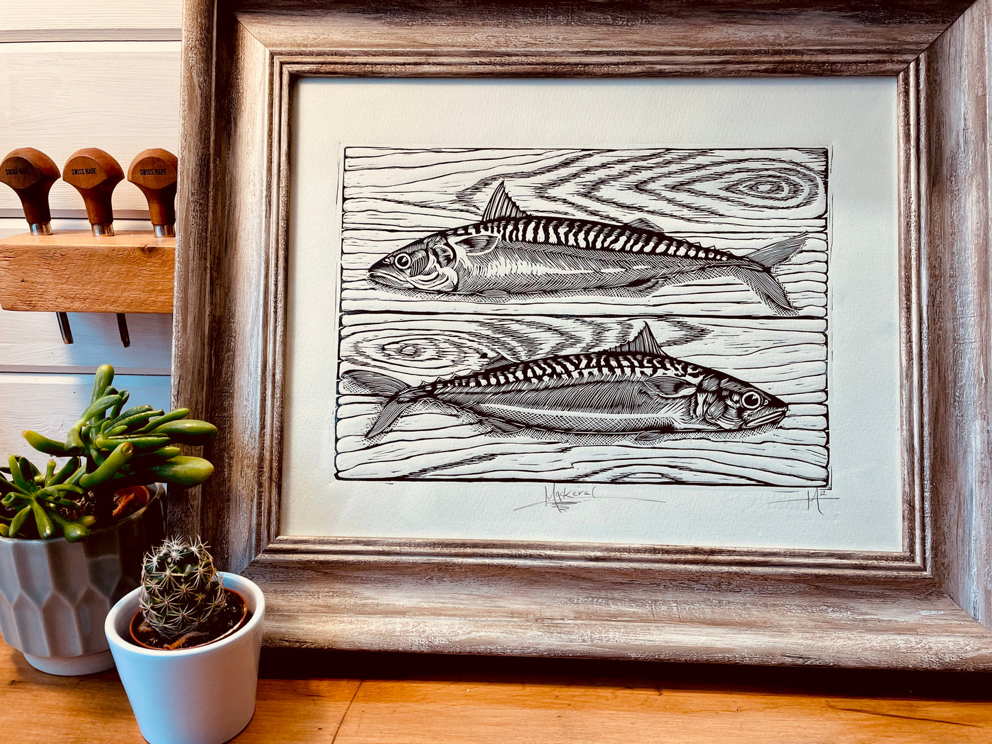 Mackerels Linocut Print